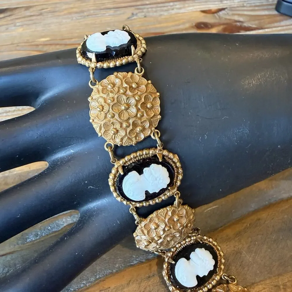 Vintage Victorian Revival Black & White Cameo Flower Panel Link Bracelet 8”
